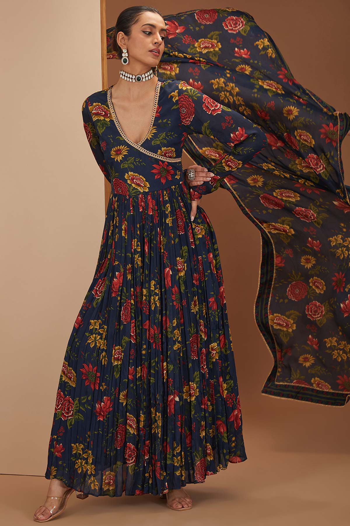 Designer Neha Khullar Printed Blue Gota Anarkali Set for Women Online